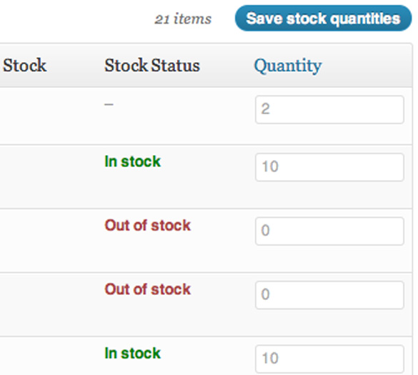 Stock level management screen in an ecommerce admin dashboard