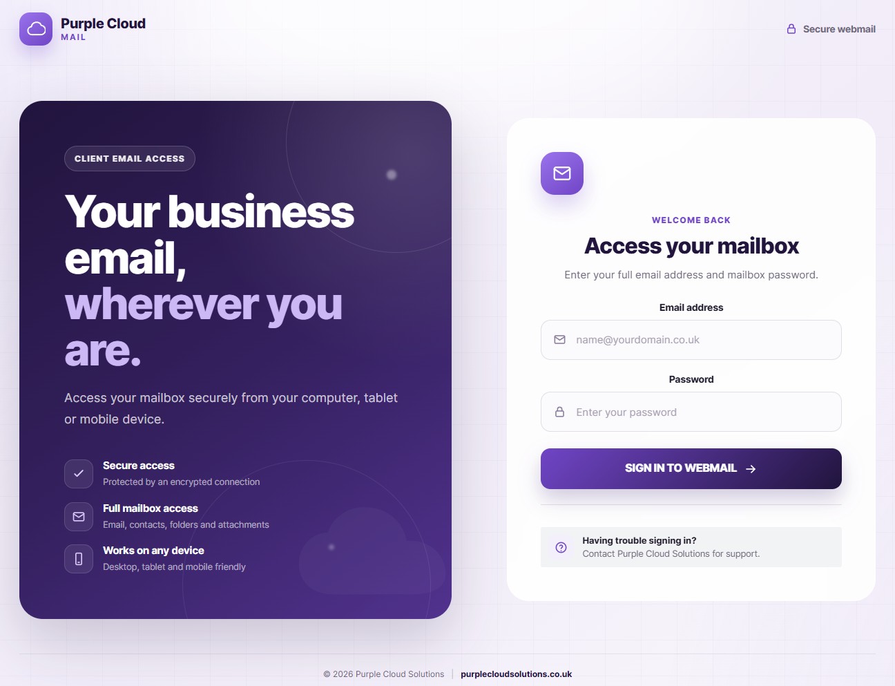 Purple Cloud Mail secure webmail interface for business email clients